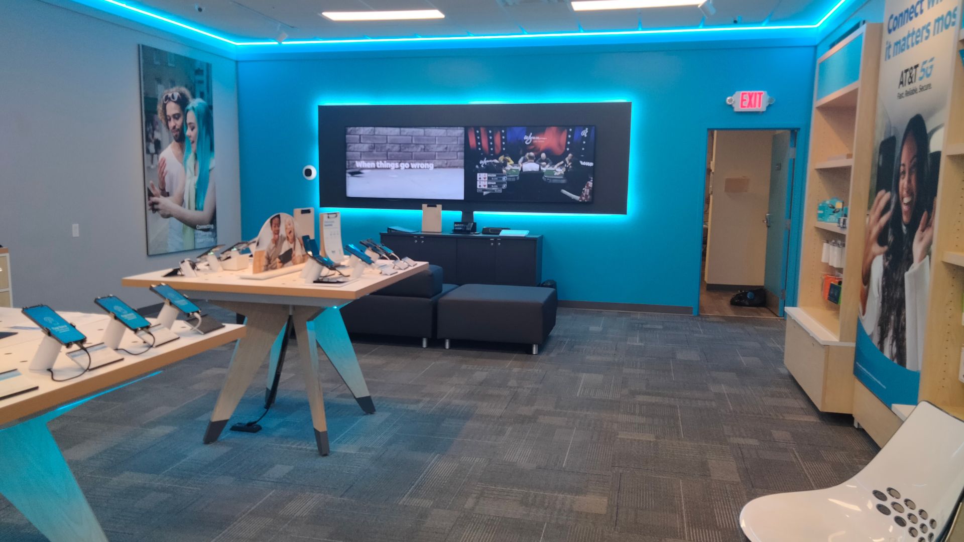 Commercial retail store with clean gray carpet flooring