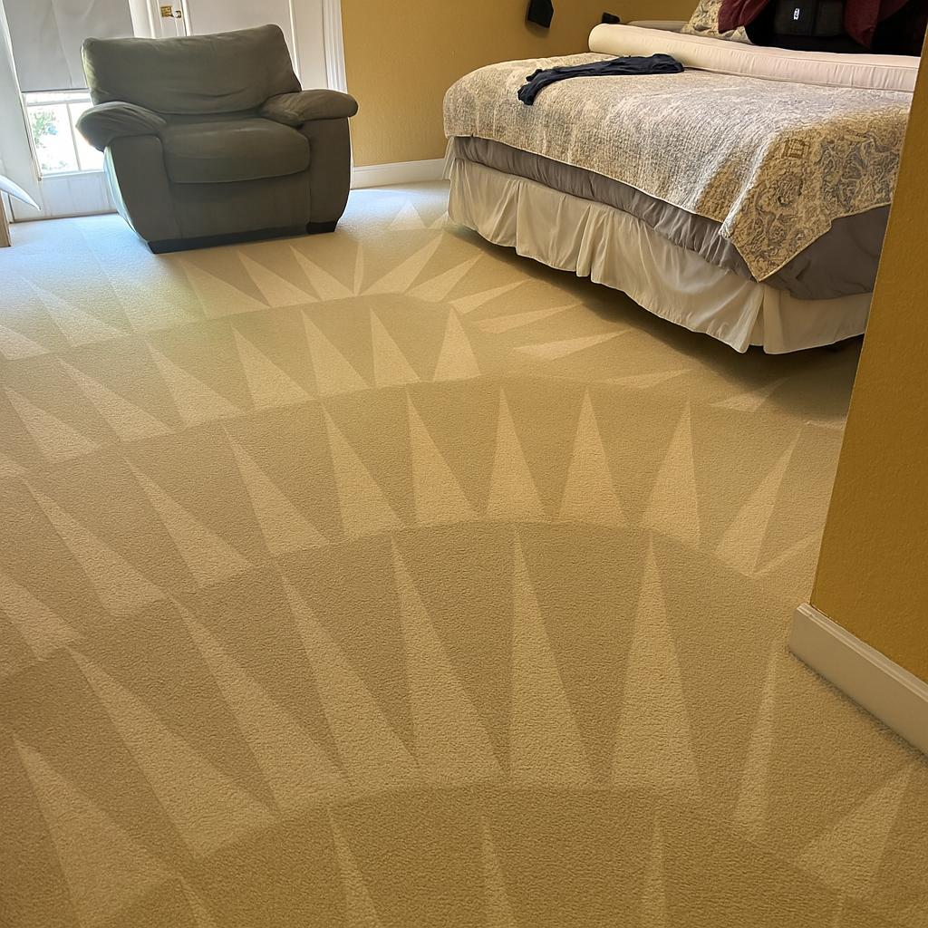 Freshly cleaned bedroom carpet with geometric vacuum pattern