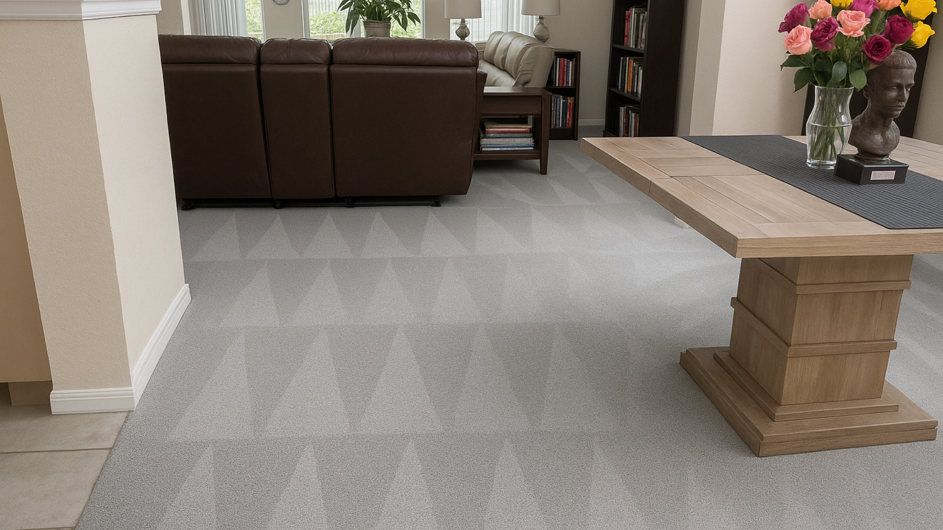 Professional carpet cleaning results showing pristine gray carpet in living room